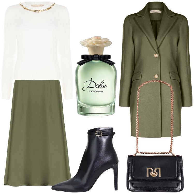 Outfit donna - Gonna verde oliva. Stile Chic per Serata fuori. Abbinamento con profumi, maglieria, cappotti, borse a tracolla, gonne longuette, stivaletti.