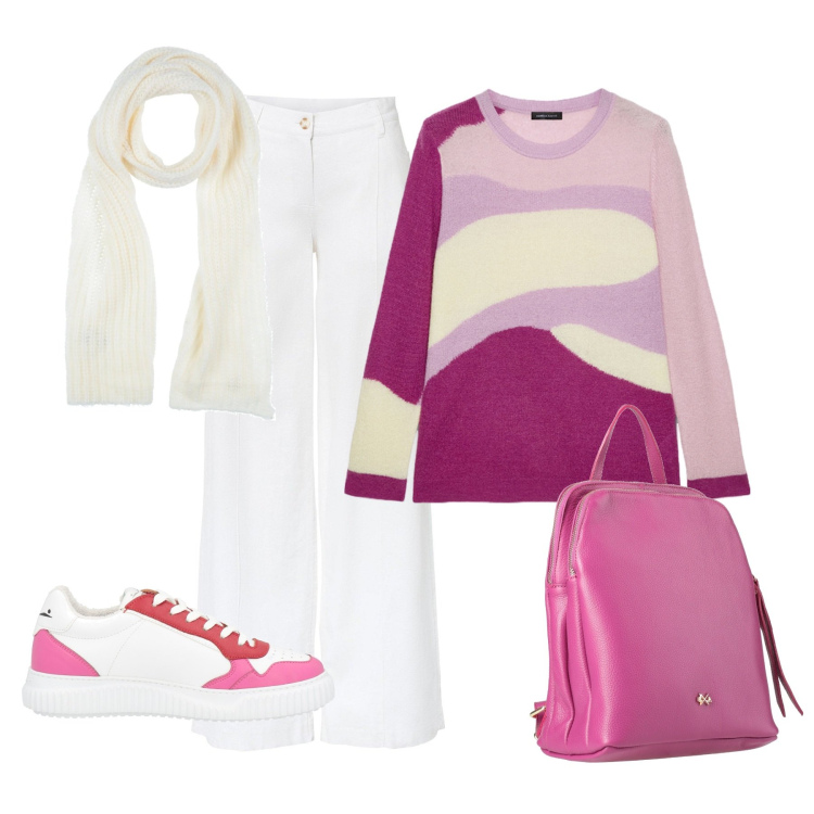 Outfit donna - Al lavoro e poi in centro. Stile Casual per Ufficio. Abbinamento con pantaloni a palazzo, zaini, sneakers, sciarpe, maglieria.
