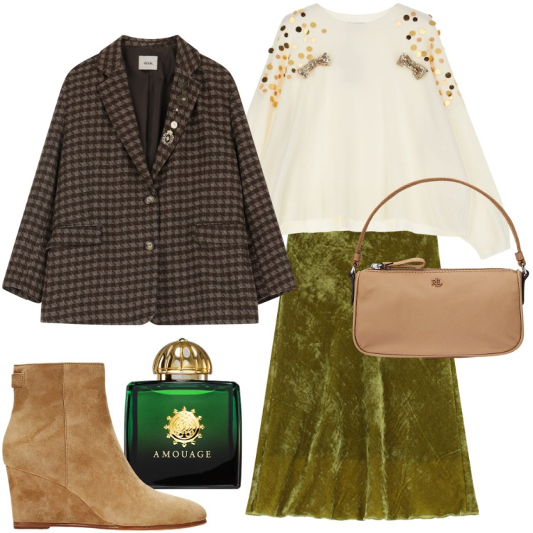 Outfit donna - La gonna di velluto. Stile Casual chic per Ufficio. Abbinamento con profumi, gonne lunghe, blazer, maglieria, stivaletti, pochette.