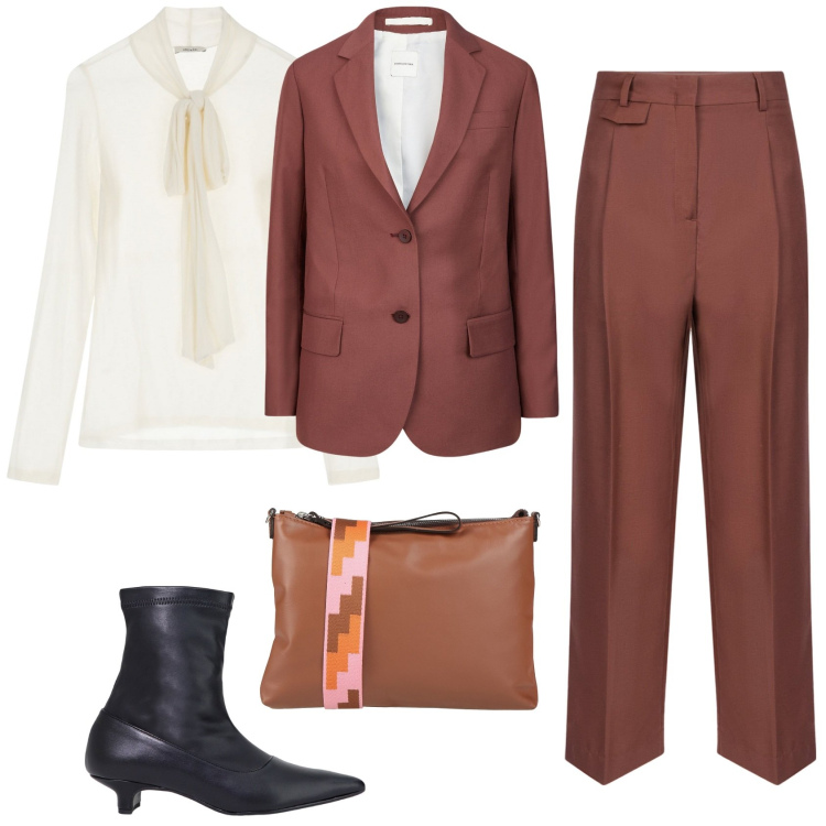 Outfit donna - Tailleur pantalone. Stile Chic per Tutti i giorni. Abbinamento con borse a tracolla, stivaletti, maglieria, pantaloni, blazer.