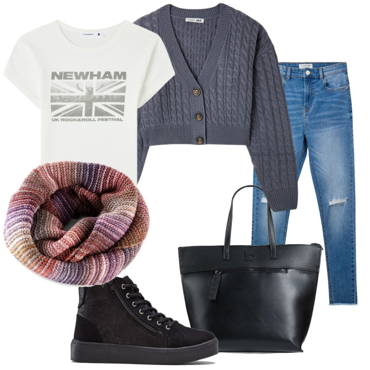 Outfit donna - Una sciarpa colorata. Stile Casual chic per Tutti i giorni. Abbinamento con sneakers alte, foulard, borse a mano, t-shirt, jeans strappati, cardigans.