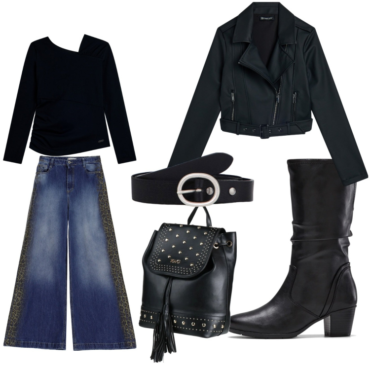 Outfit donna - Total look #2038880. Stile Rock per Scuola/Università. Abbinamento con stivali, zaini, jeans, maglieria, giacche, cinture.