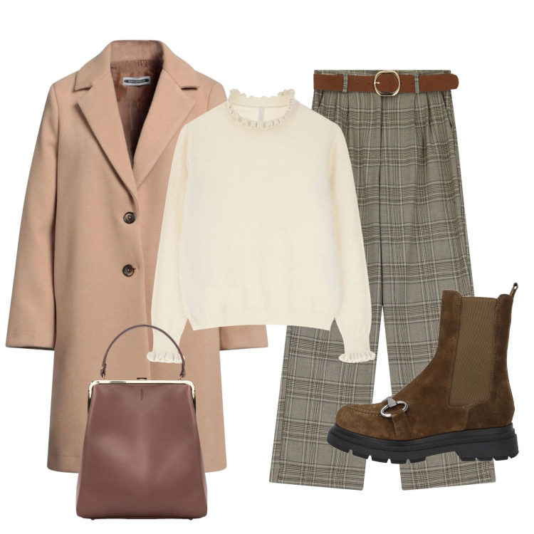 Outfit donna - Pantaloni a quadri. Stile Casual chic per Tutti i giorni. Abbinamento con cappotti, stivaletti chelsea, maglieria, pantaloni, borse a spalla.