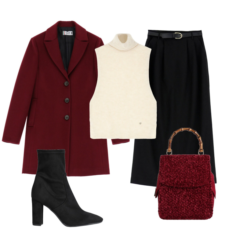 Outfit donna - Cappotto bordeaux. Stile Chic per Serata fuori. Abbinamento con stivaletti, borse a mano, cappotti, maglieria, gonne lunghe.