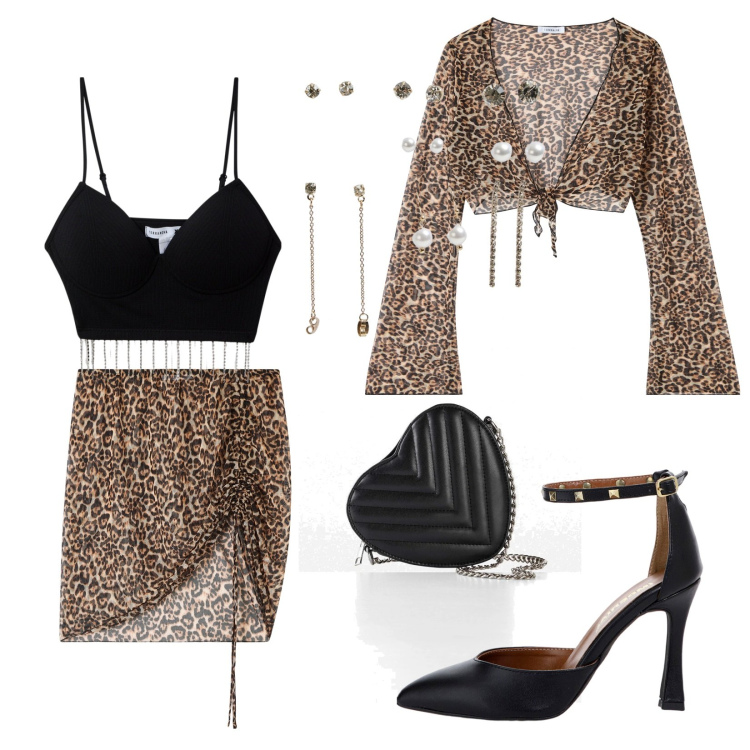 Outfit donna - Latino latino serata wow. Stile Trendy per Serata fuori. Abbinamento con borse a tracolla, minigonne, bolero, orecchini, top, décolleté.
