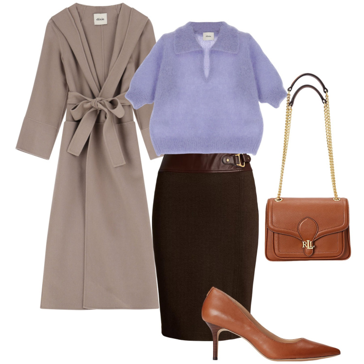 Outfit donna - Gonna per la primavera. Stile Bon Ton per Ufficio. Abbinamento con borse a spalla, gonne, décolleté, maglieria, cappotti.
