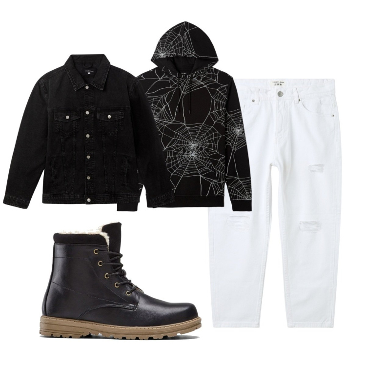 Outfit uomo - Total look #2038900. Stile Casual per Tutti i giorni. Abbinamento con stivali e stivaletti, giacche, felpe con cappuccio, jeans strappati.