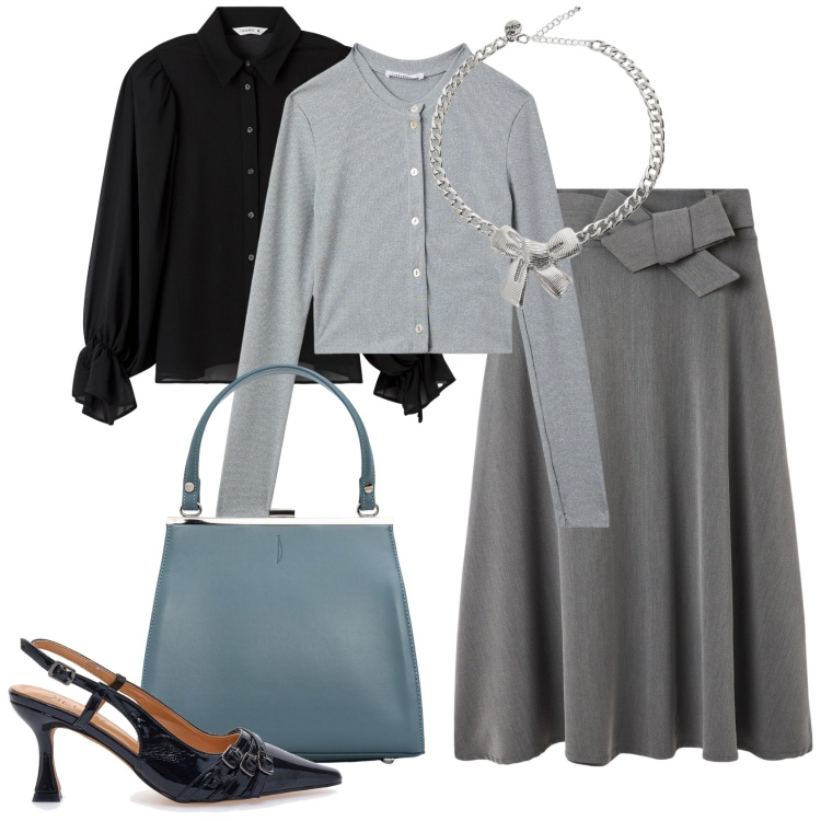 Outfit donna - Bon ton in ufficio. Stile Bon Ton per Ufficio. Abbinamento con gonne lunghe, cardigans, camicie, collane, décolleté, clutch.