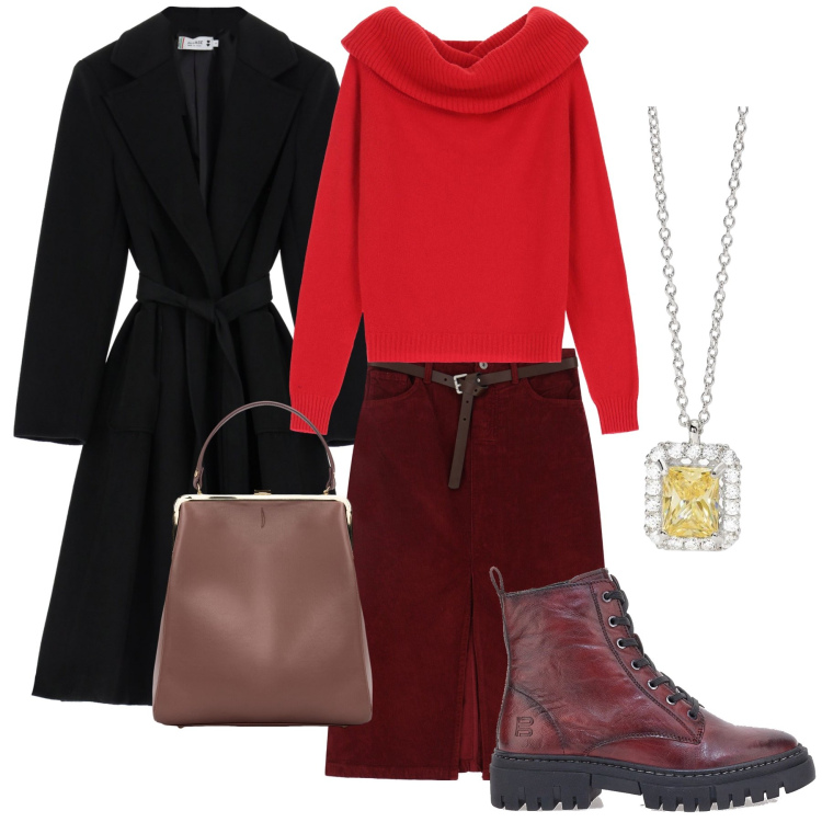 Outfit donna - La gonna bordeaux. Stile Urban per Ufficio. Abbinamento con collane, cappotti, maglieria, gonne, anfibi, borse a spalla.