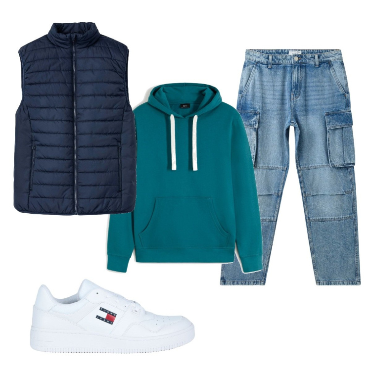 Outfit uomo - Total look #2038907. Stile Casual per Tutti i giorni. Abbinamento con gilet, felpe con cappuccio, sneakers, jeans.