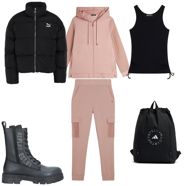 Outfit donna - Nero e rosa polvere. Stile Trendy Abbinamento con anfibi, piumini, felpe con cappuccio, pantaloni cargo, canottiere, zaini.