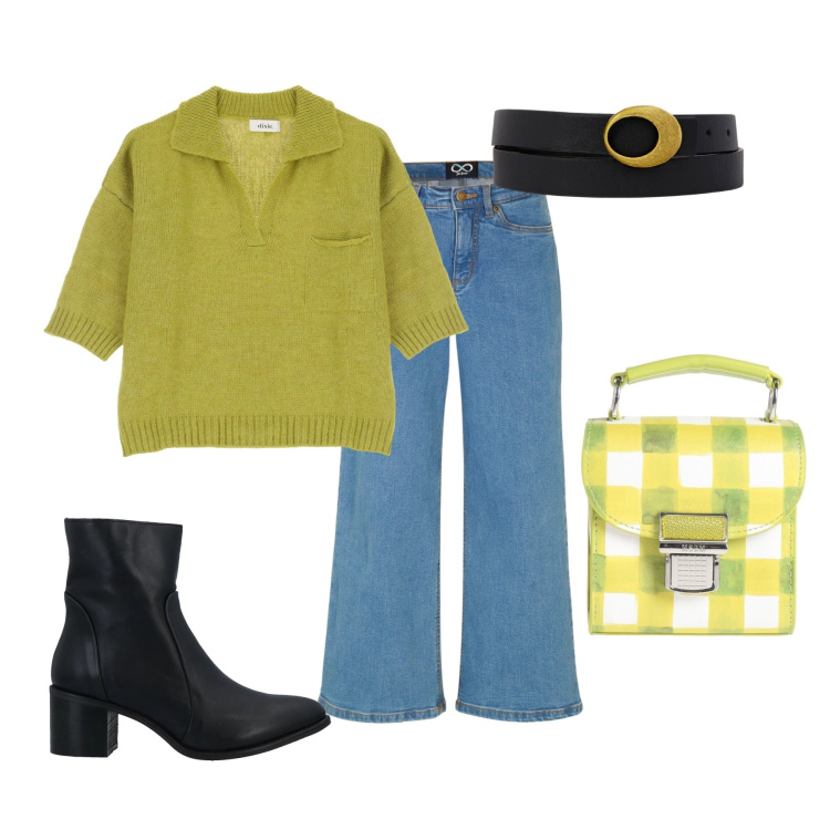Outfit donna - Maglia verde. Stile Casual chic per Tutti i giorni. Abbinamento con jeans, stivaletti, borse a mano, maglieria, cinture.