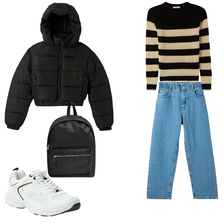 Outfit donna - Total look Terranova. Stile Urban per Tutti i giorni. Abbinamento con jeans, maglieria, zaini, blazer, sneakers.