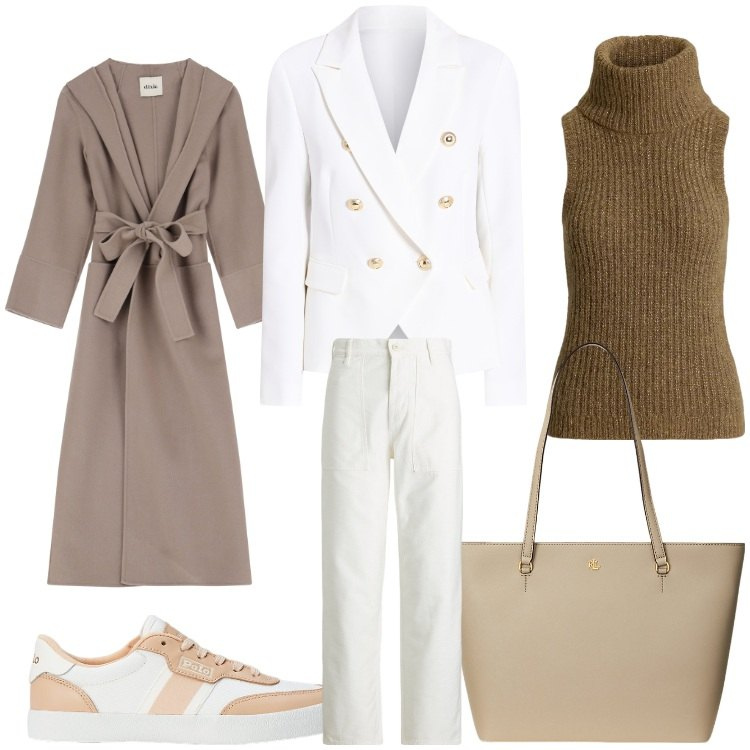 Outfit donna - Cappotto e sneakers. Stile Sporty chic per Ufficio. Abbinamento con blazer, cappotti, borse tote, sneakers, pantaloni, maglieria.