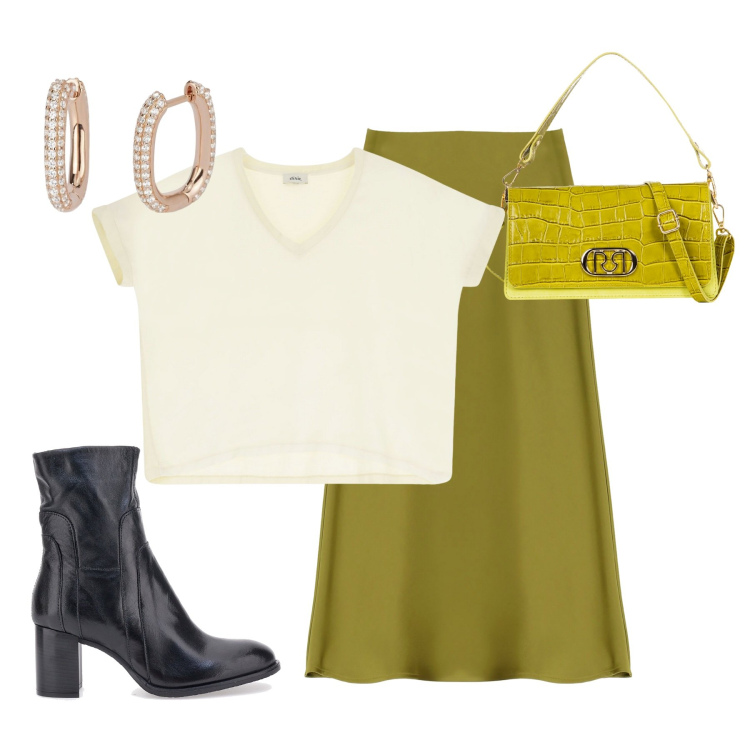 Outfit donna - Gonna midi verde. Stile Chic per Serata fuori. Abbinamento con orecchini, borse a tracolla, gonne longuette, t-shirt, stivaletti.