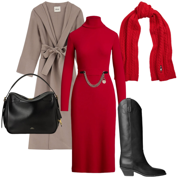 Outfit donna - La sciarpa rossa. Stile Bon Ton per Serata fuori. Abbinamento con cappotti, borse a mano, stivali, vestiti, sciarpe.