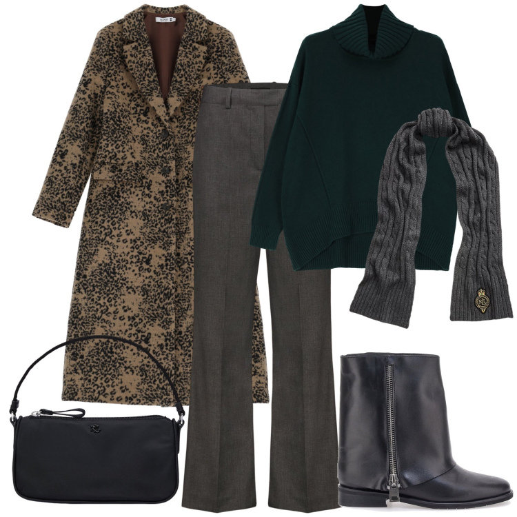 Outfit donna - Il cappotto decorato. Stile Mannish per Ufficio. Abbinamento con cappotti, maglieria, pochette, sciarpe, stivaletti, pantaloni.