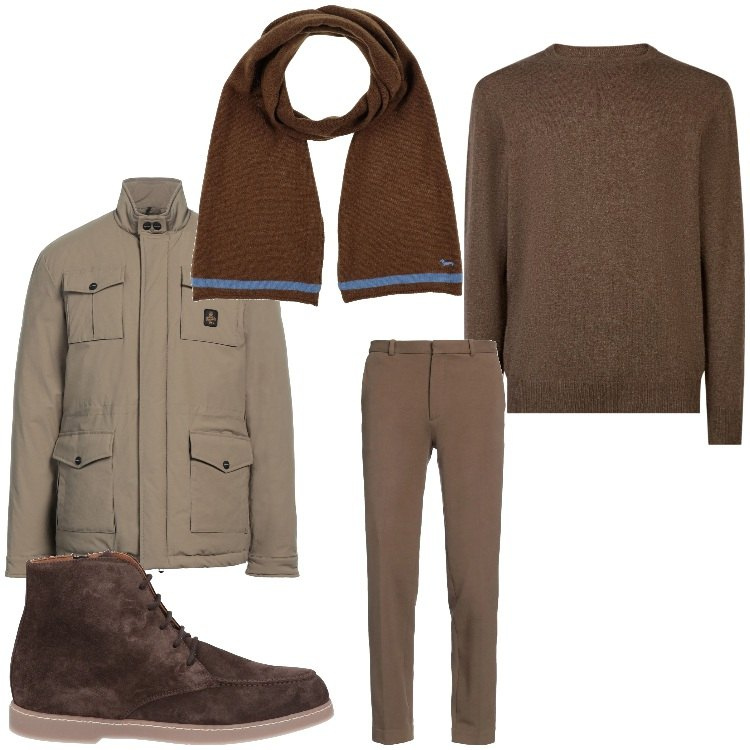 Outfit uomo - Semplicemente in marrone. Stile Casual per Tutti i giorni. Abbinamento con stivali e stivaletti, sciarpe, giacche, pantaloni, maglieria.
