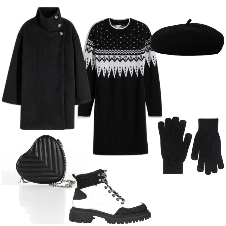 Outfit donna - Oggi freddo. per Tutti i giorni. Abbinamento con borse a tracolla, cappotti, vestiti, anfibi, guanti, cappelli e berretti.