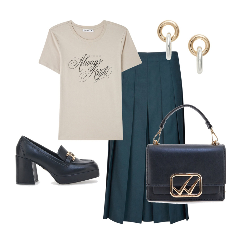 Outfit donna - Gonna verde. Stile Chic per Tutti i giorni. Abbinamento con t-shirt, orecchini, mocassini, borse a tracolla, gonne longuette.