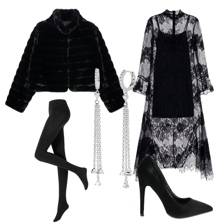 Outfit donna - A cena. Stile Glamour per Serata fuori. Abbinamento con collant, décolleté, orecchini, vestiti lunghi, blazer.
