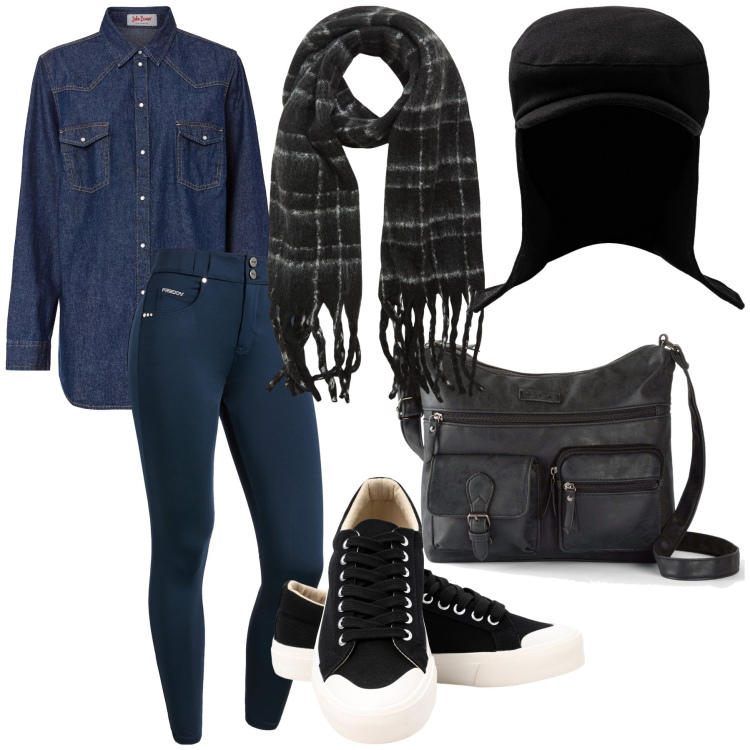 Outfit donna - Super sportiva. Stile Sporty chic per Tutti i giorni. Abbinamento con borse a tracolla, camicie, sciarpe, pantaloni skinny, sneakers, cappelli.