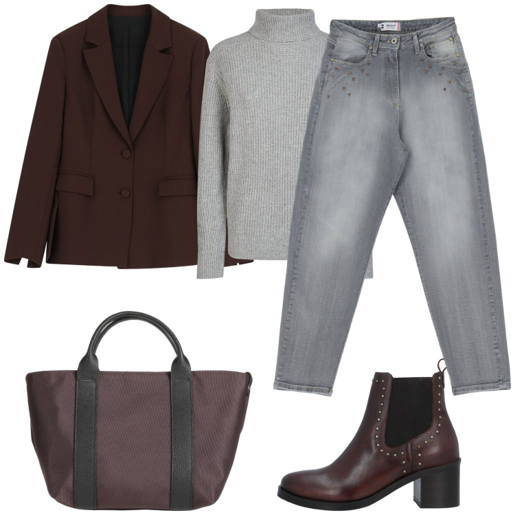 Outfit donna - Brown and grey. Stile Casual chic per Tutti i giorni. Abbinamento con stivaletti chelsea, borse a mano, jeans, blazer, maglieria.