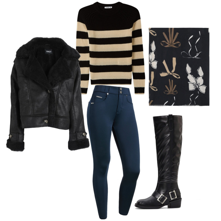 Outfit donna - Metropolitano. Stile Urban per Tutti i giorni. Abbinamento con stivali sopra il ginocchio, blazer, maglieria, sciarpe, pantaloni skinny.