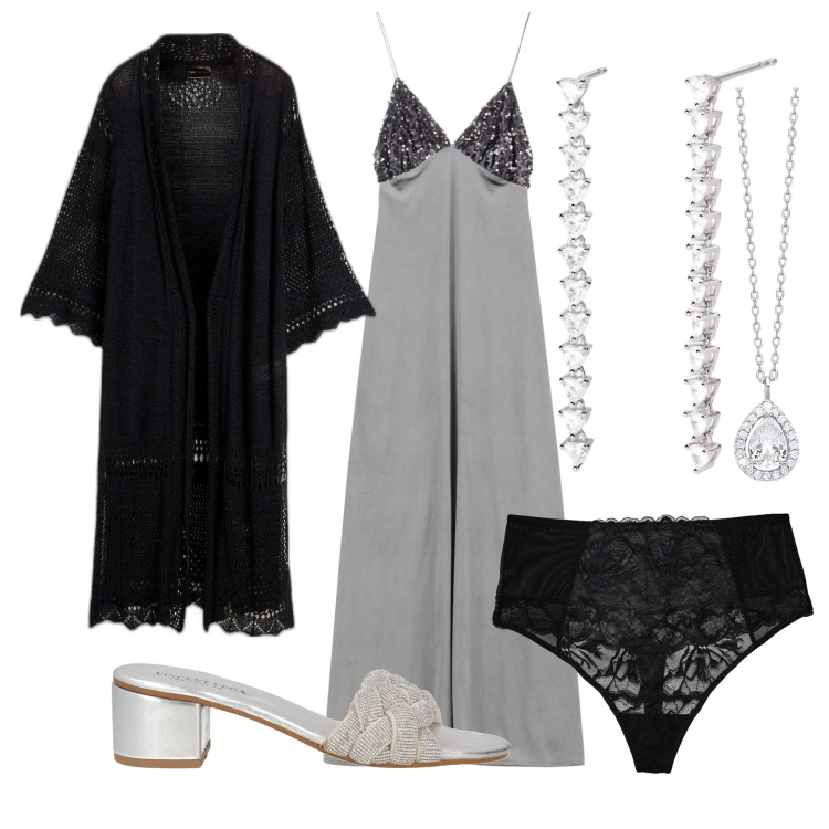 Outfit donna - Total look #2038975. Stile Sexy per Serata fuori. Abbinamento con perizomi, cardigans, sandali in pelle, collane, orecchini, vestiti lunghi.