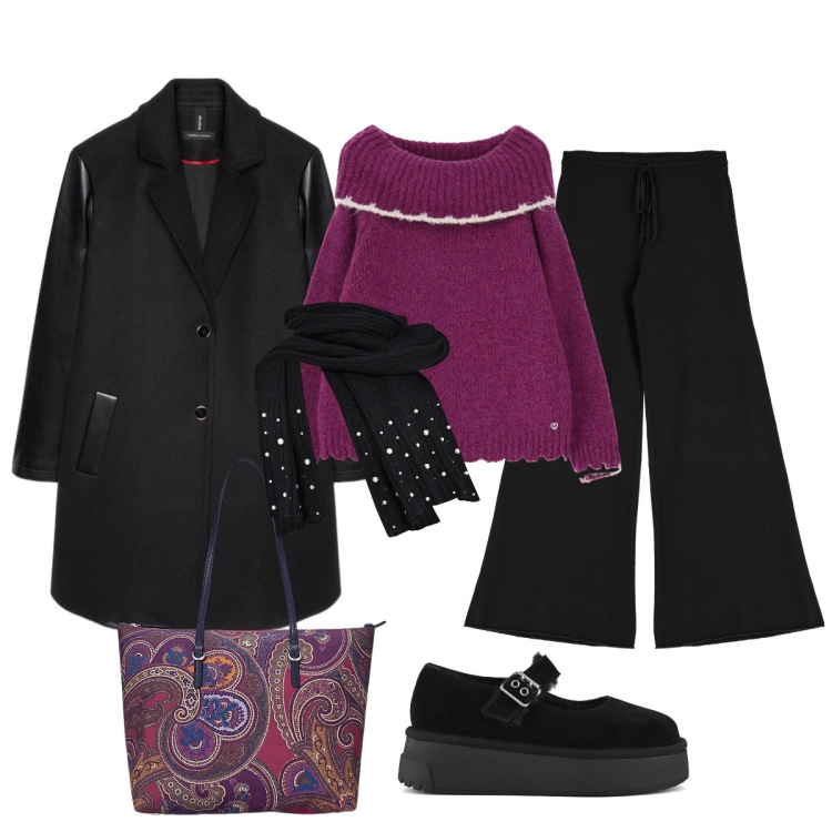 Outfit donna - In città. Stile Trendy per Tutti i giorni. Abbinamento con maglieria, sciarpe, pantaloni, borse tote, décolleté, cappotti.