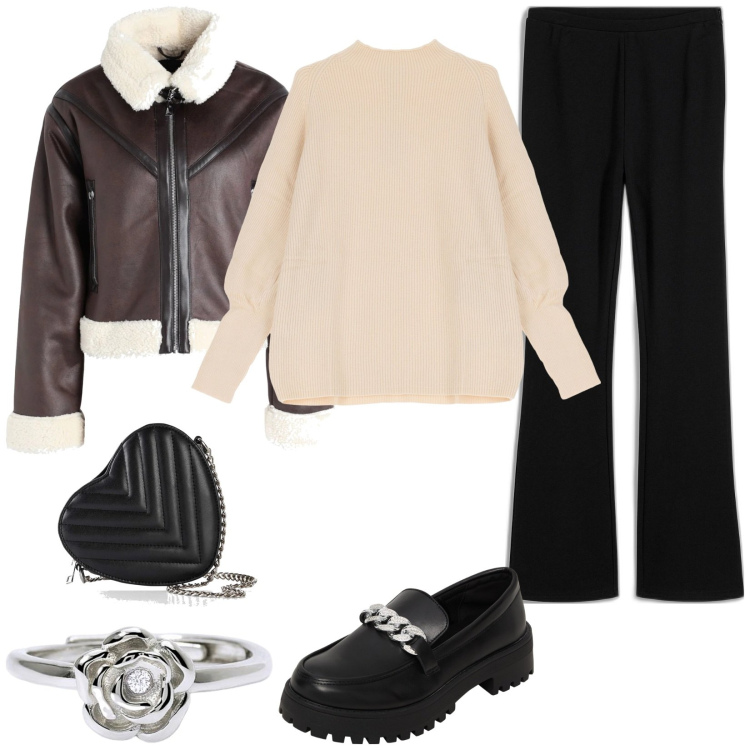 Outfit donna - Giacca shearling. Stile Casual per Tutti i giorni. Abbinamento con pantaloni, borse a tracolla, blazer, mocassini, anelli, maglieria.