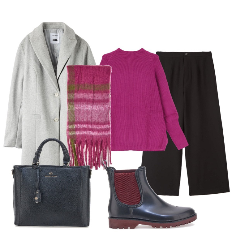 Outfit donna - In ufficio. Stile Casual chic per Ufficio. Abbinamento con pantaloni, cappotti, maglieria, sciarpe, stivaletti chelsea, borse a tracolla.