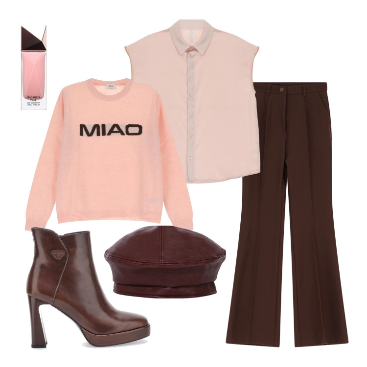 Outfit donna - Rosa e marrone. Stile Trendy per Tutti i giorni. Abbinamento con profumi, camicie a manica corta, pantaloni, cappelli e berretti, maglieria, stivaletti.