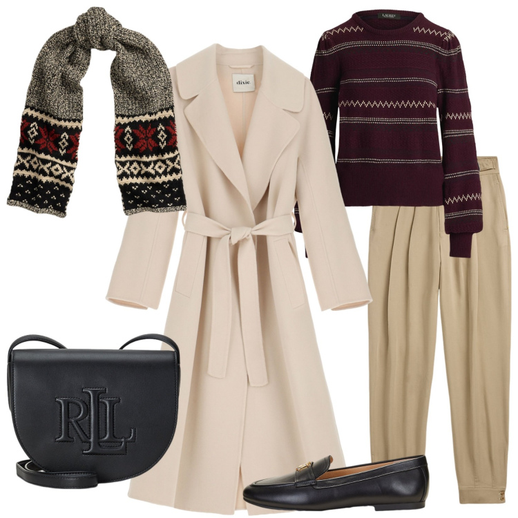 Outfit donna - Urban outfit. Stile Urban per Tutti i giorni. Abbinamento con cappotti, borse a tracolla, mocassini, sciarpe, pantaloni, maglieria.