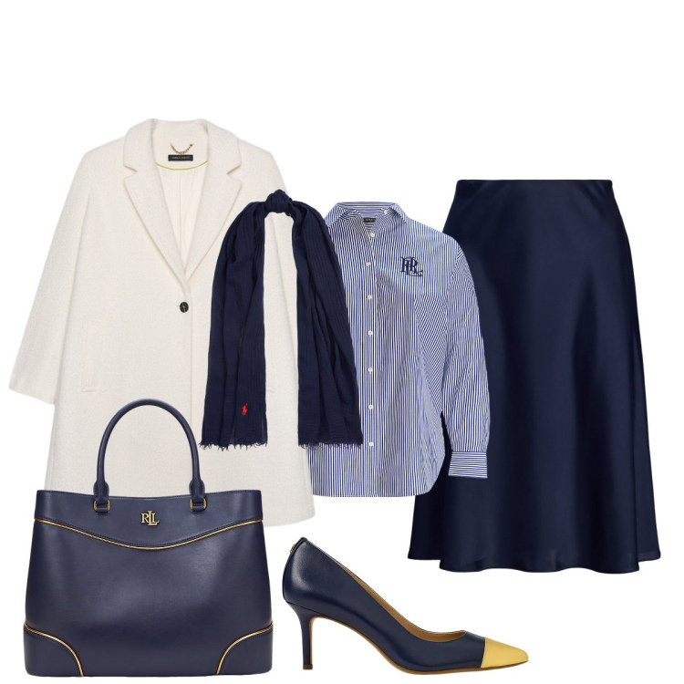 Outfit donna - Il caldo cappotto. Stile Bon Ton per Ufficio. Abbinamento con gonne, sciarpe, borse a mano, décolleté, camicie, cappotti.