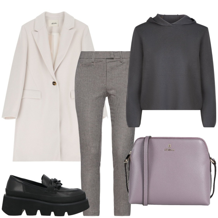 Outfit donna - Office. Stile Casual chic per Ufficio. Abbinamento con pantaloni, mocassini, borse a tracolla, cappotti, maglieria.