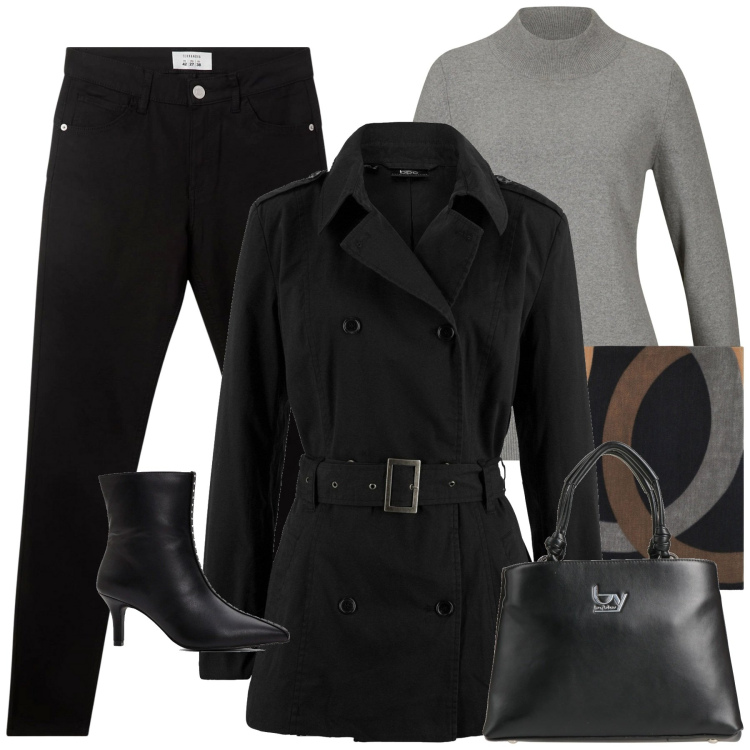 Outfit donna - City. Stile Casual chic per Tutti i giorni. Abbinamento con borse a mano, trench, maglieria, stivaletti, pantaloni, foulard.