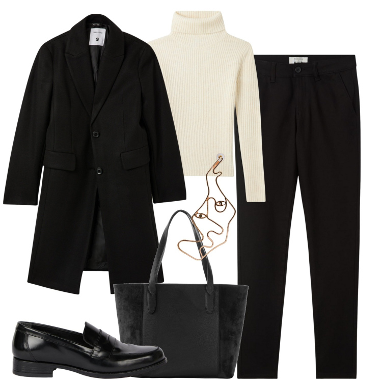 Outfit donna - City. Stile Minimal per Tutti i giorni. Abbinamento con shopping bag, pantaloni chino, maglieria, cappotti, orecchini, mocassini.