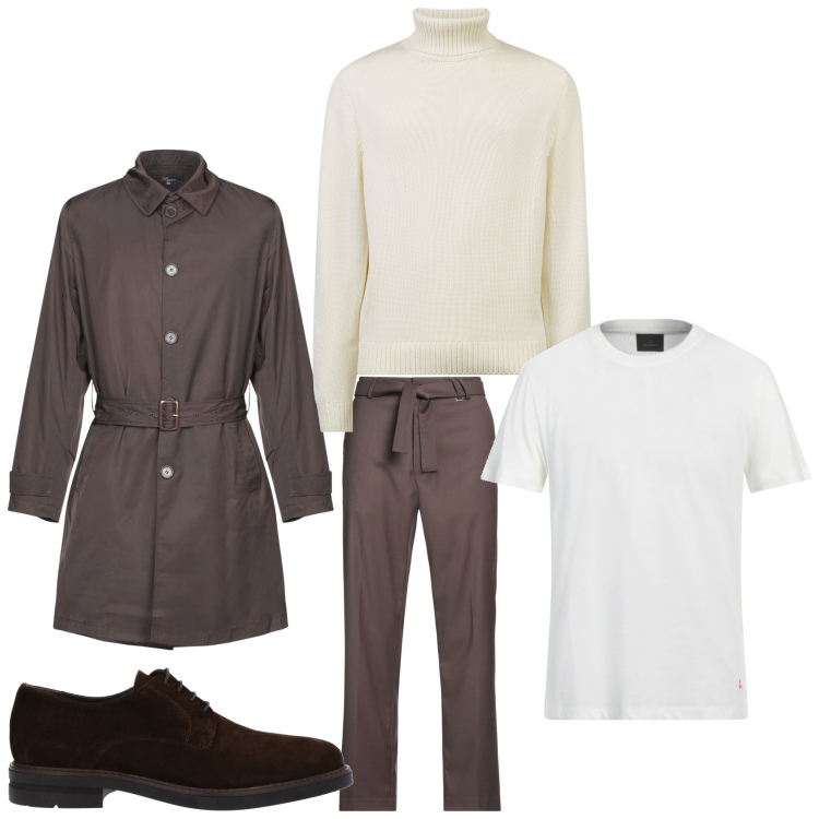 Outfit uomo - Chic. Stile Casual per Ufficio. Abbinamento con trench, scarpe stringate, pantaloni, t-shirt, maglieria.