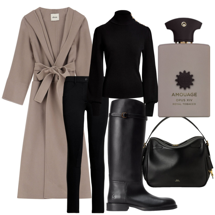 Outfit donna - Minimal addicted. Stile Minimal per Ufficio. Abbinamento con profumi, cappotti, borse a mano, maglieria, pantaloni, stivali.