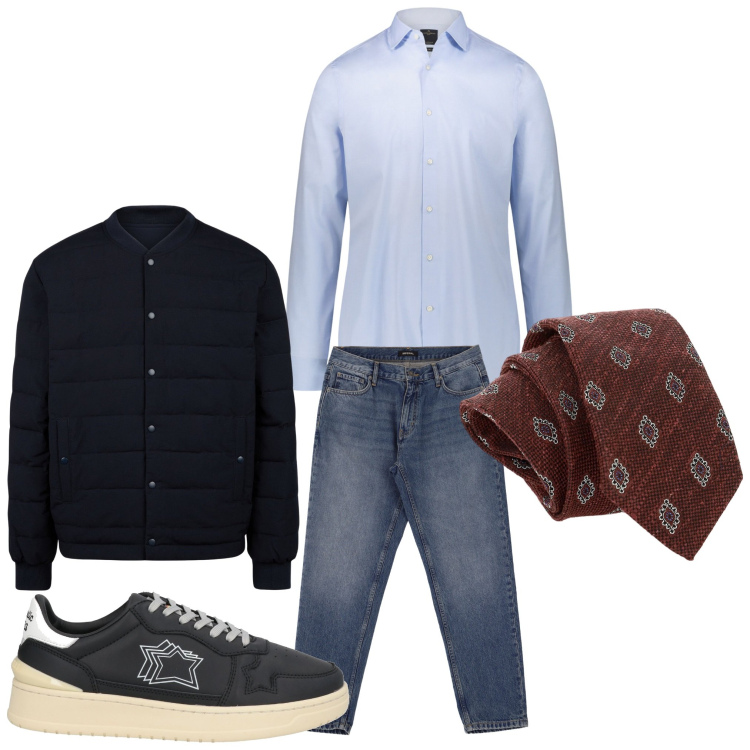 Outfit uomo - Jeans, cravatta e sneakers. Stile Business/Elegante per Serata speciale. Abbinamento con sneakers, cravatte, jeans, camicie, piumini.
