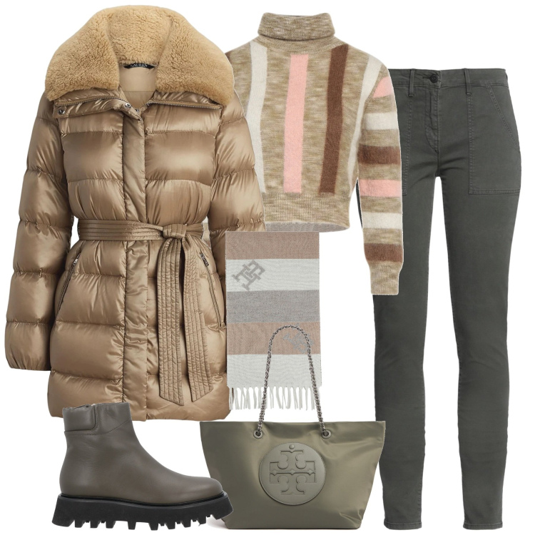 Outfit donna - City. Stile Casual per Tutti i giorni. Abbinamento con maglieria, sciarpe, stivaletti, piumini, jeans slim fit, shopping bag.