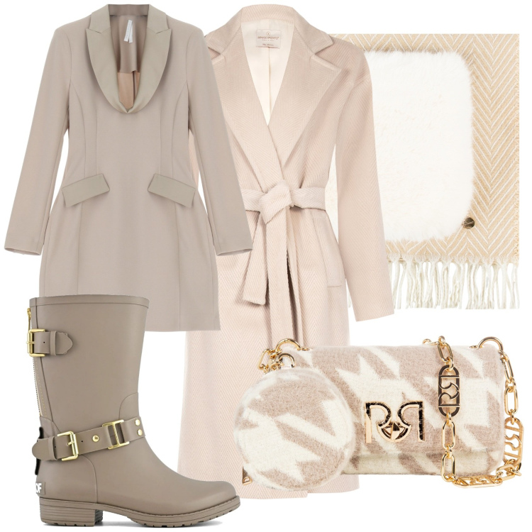 Outfit donna - Tono su tono. Stile Romantica per Tutti i giorni. Abbinamento con cappotti, borse a tracolla, sciarpe, vestiti corti, stivali.