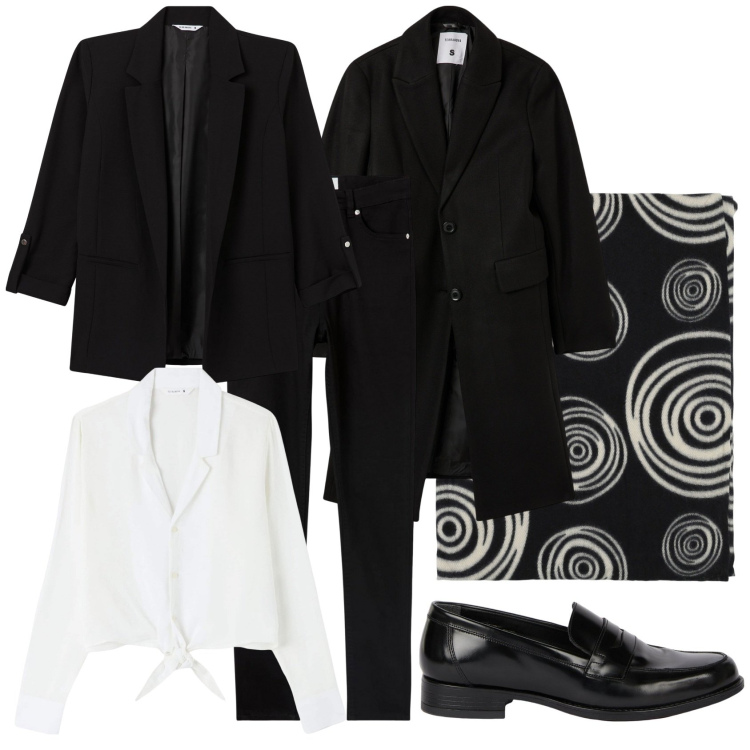 Outfit donna - Mannish in office. Stile Mannish per Ufficio. Abbinamento con blazer, camicie, cappotti, pantaloni skinny, foulard, mocassini.