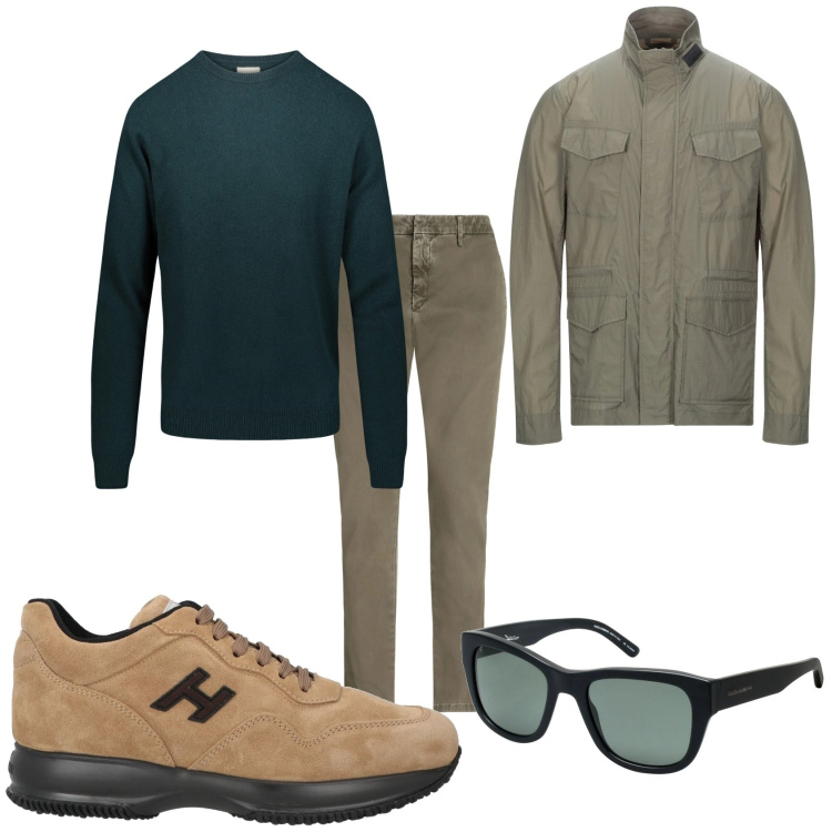 Outfit uomo - Il mio verde invernale. Stile Urban per Tutti i giorni. Abbinamento con sneakers, occhiali da sole, giacche, pantaloni chino, maglieria.