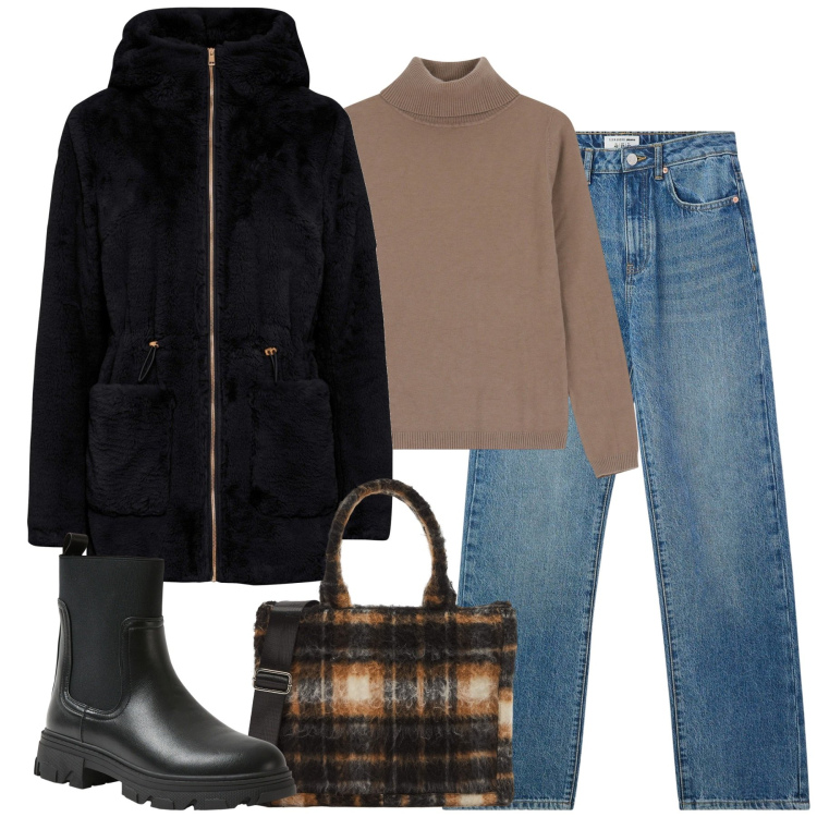 Outfit donna - City. Stile Casual per Tutti i giorni. Abbinamento con ecopellicce, jeans dritti, shopping bag, stivaletti chelsea, maglieria.