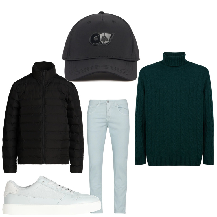 Outfit uomo - Nero e grigio. Stile Casual per Tutti i giorni. Abbinamento con piumini, pantaloni, sneakers, maglieria, cappelli.
