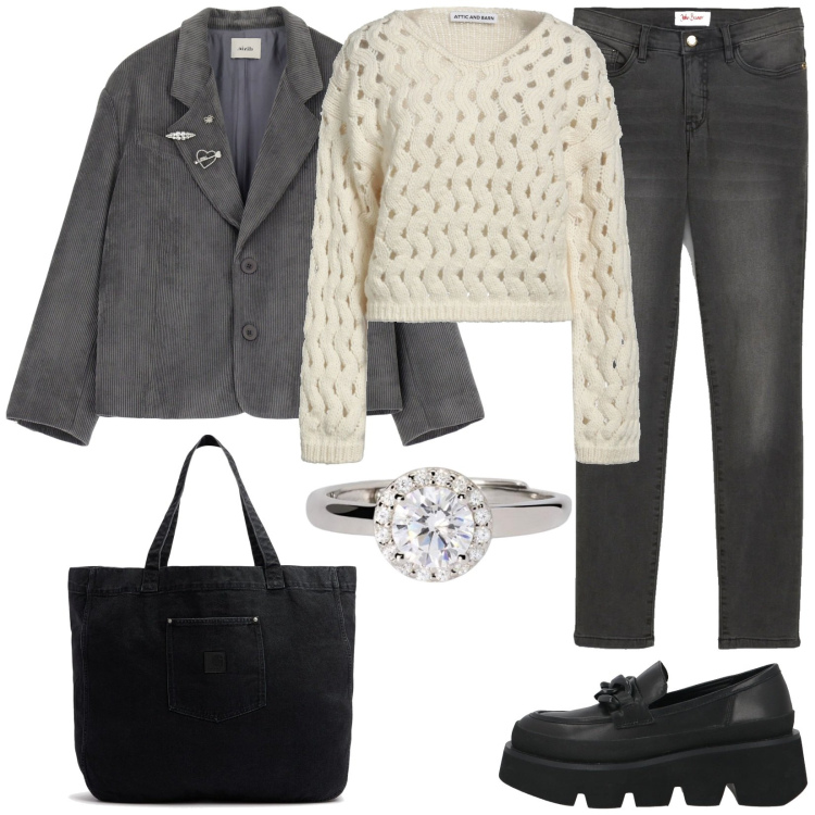 Outfit donna - Mocassino grintoso. Stile Casual per Tutti i giorni. Abbinamento con jeans slim fit, pullovers, mocassini, anelli, blazer, shopping bag.