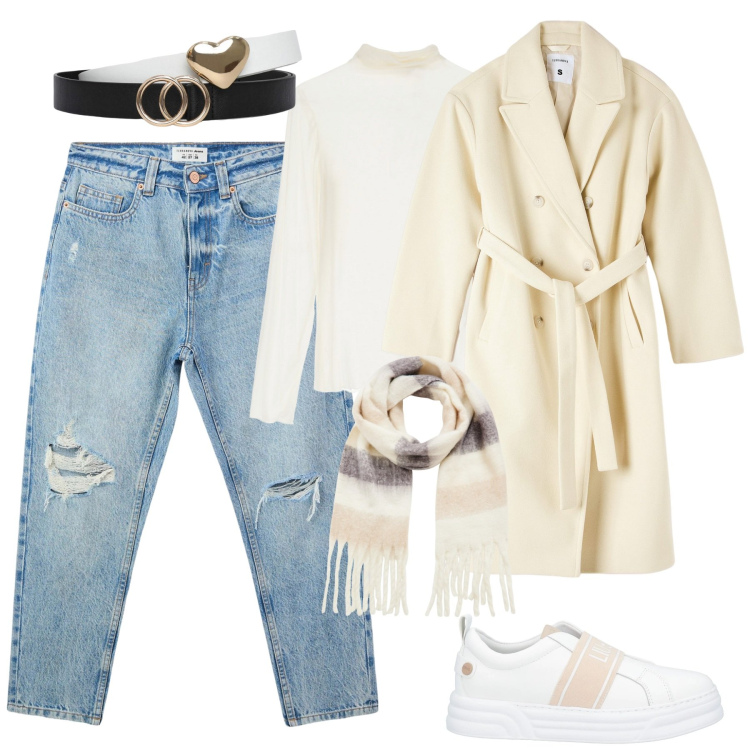 Outfit donna - City. Stile Casual per Tutti i giorni. Abbinamento con sneakers, jeans mom, cappotti, sciarpe, cinture, maglieria.