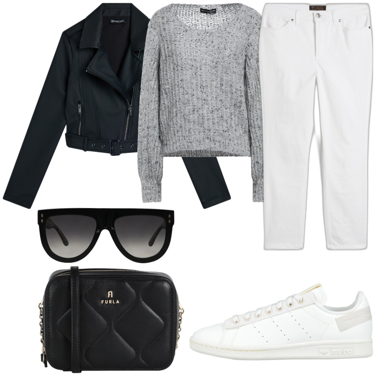 Outfit donna - Intramontabile chiodo. Stile Rock per Tutti i giorni. Abbinamento con pantaloni, pullovers, borse a tracolla, sneakers, occhiali da sole, giacche.